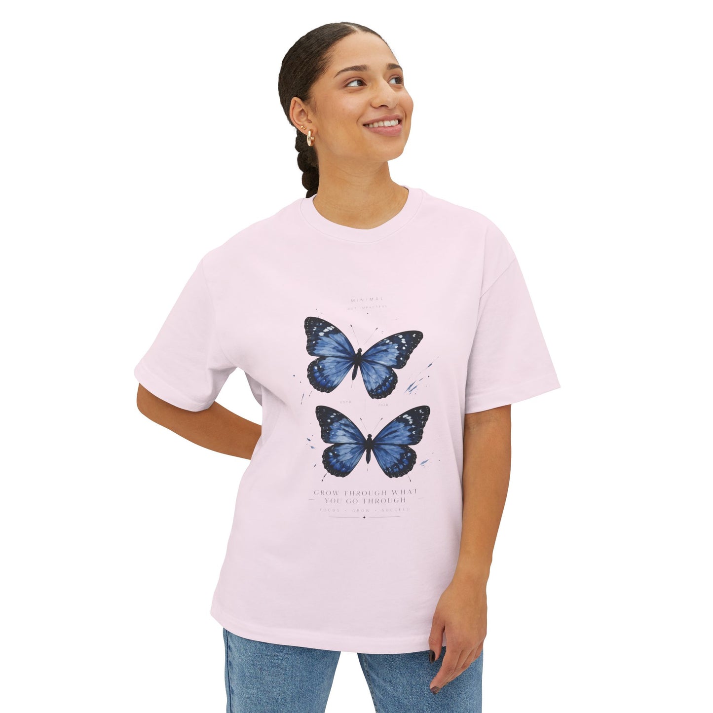 Blue Butterfly Oversized Tee – Casual Floral Graphic T-Shirt