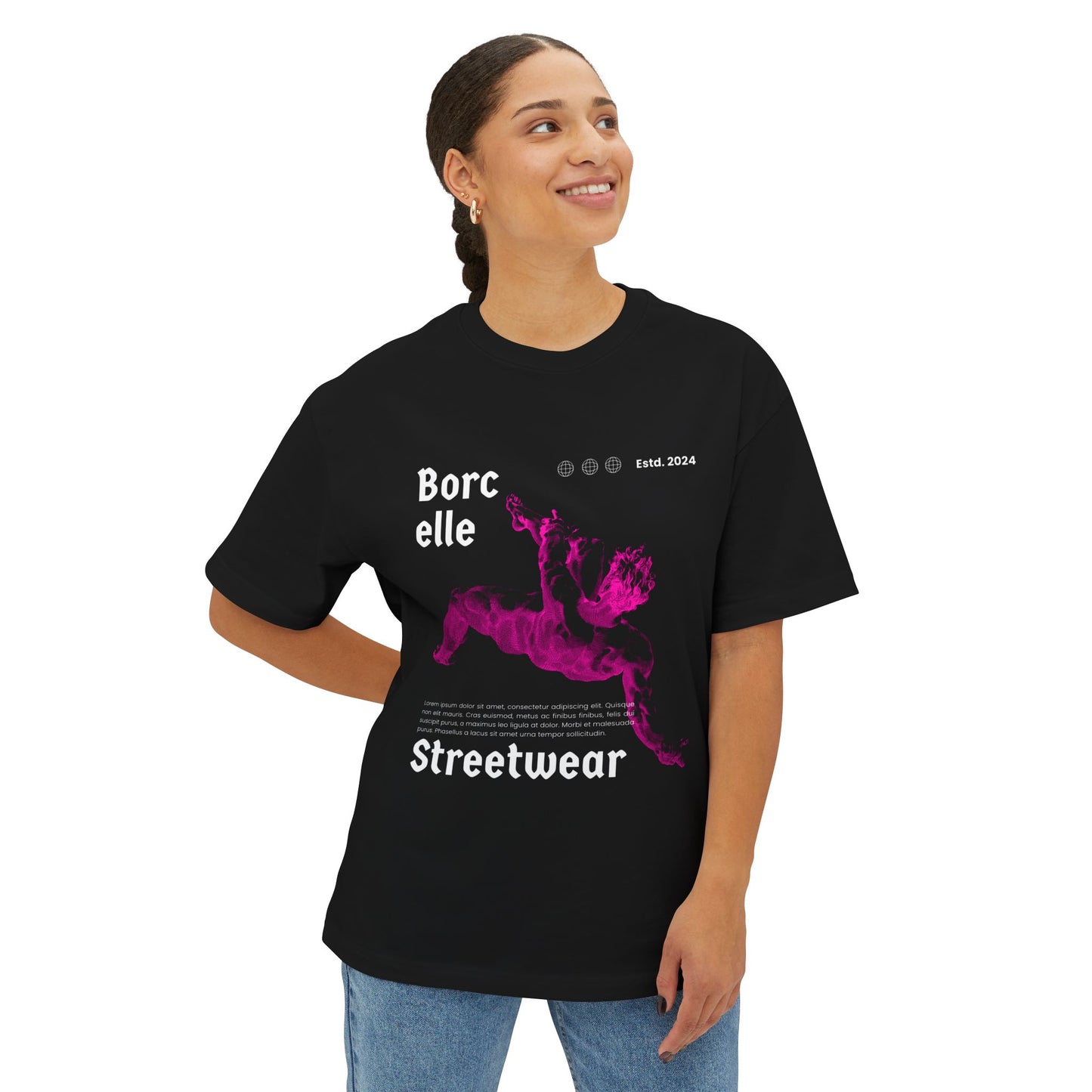 Streetwear Tee — "Borcelle" Pink Angel Graphic Oversized Boxy T-Shirt