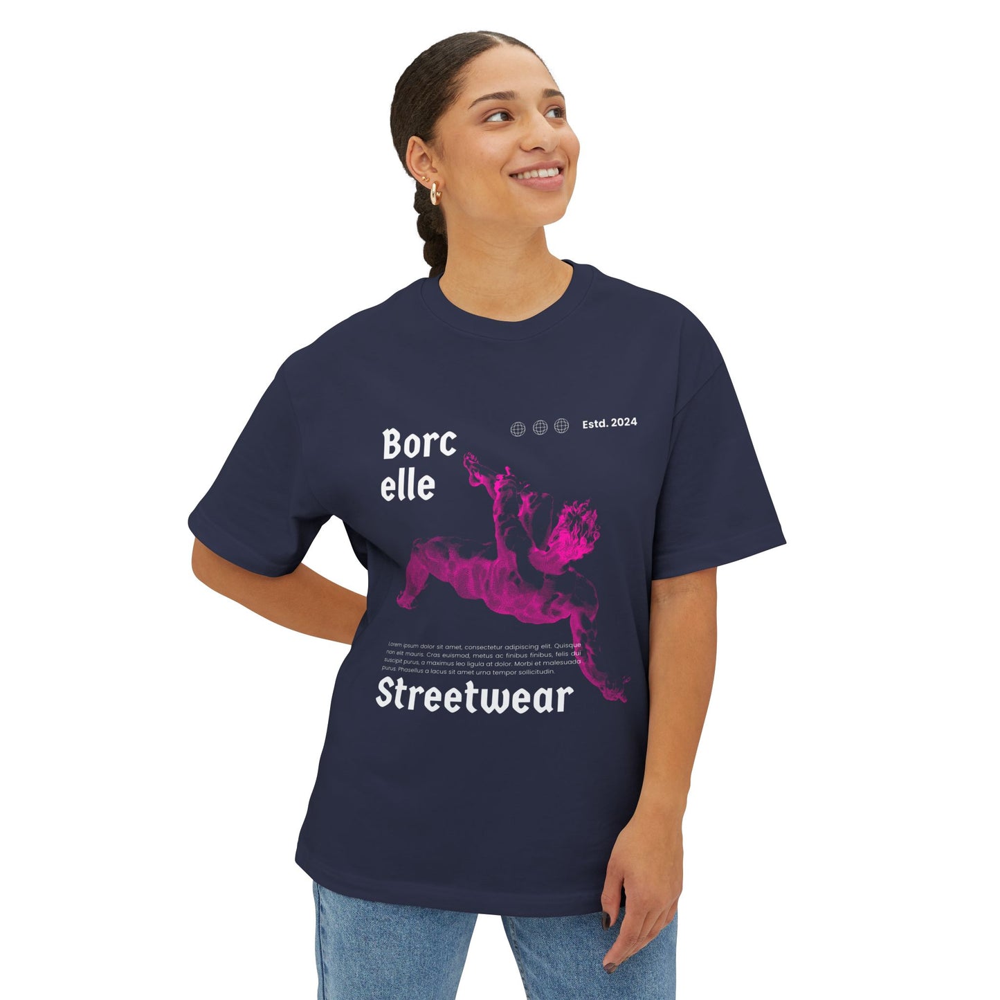 Streetwear Tee — "Borcelle" Pink Angel Graphic Oversized Boxy T-Shirt