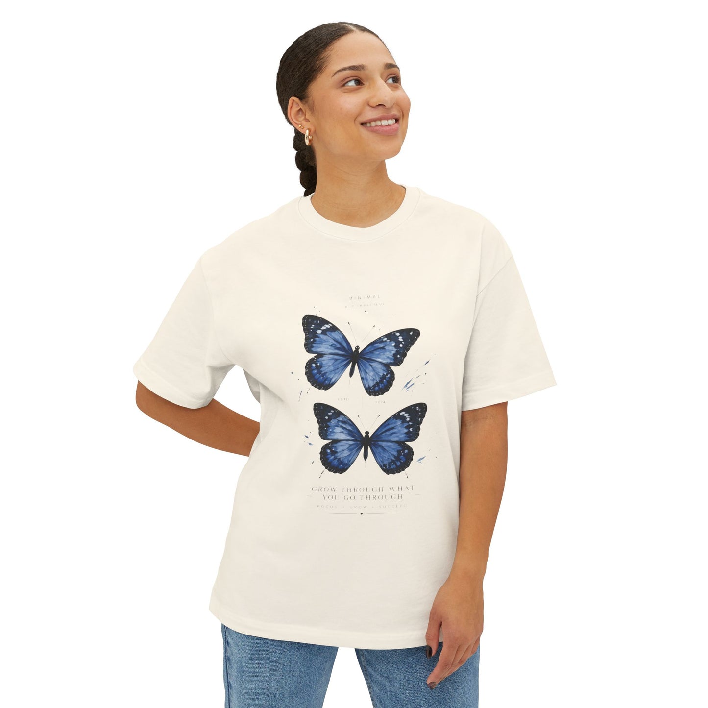 Blue Butterfly Oversized Tee – Casual Floral Graphic T-Shirt