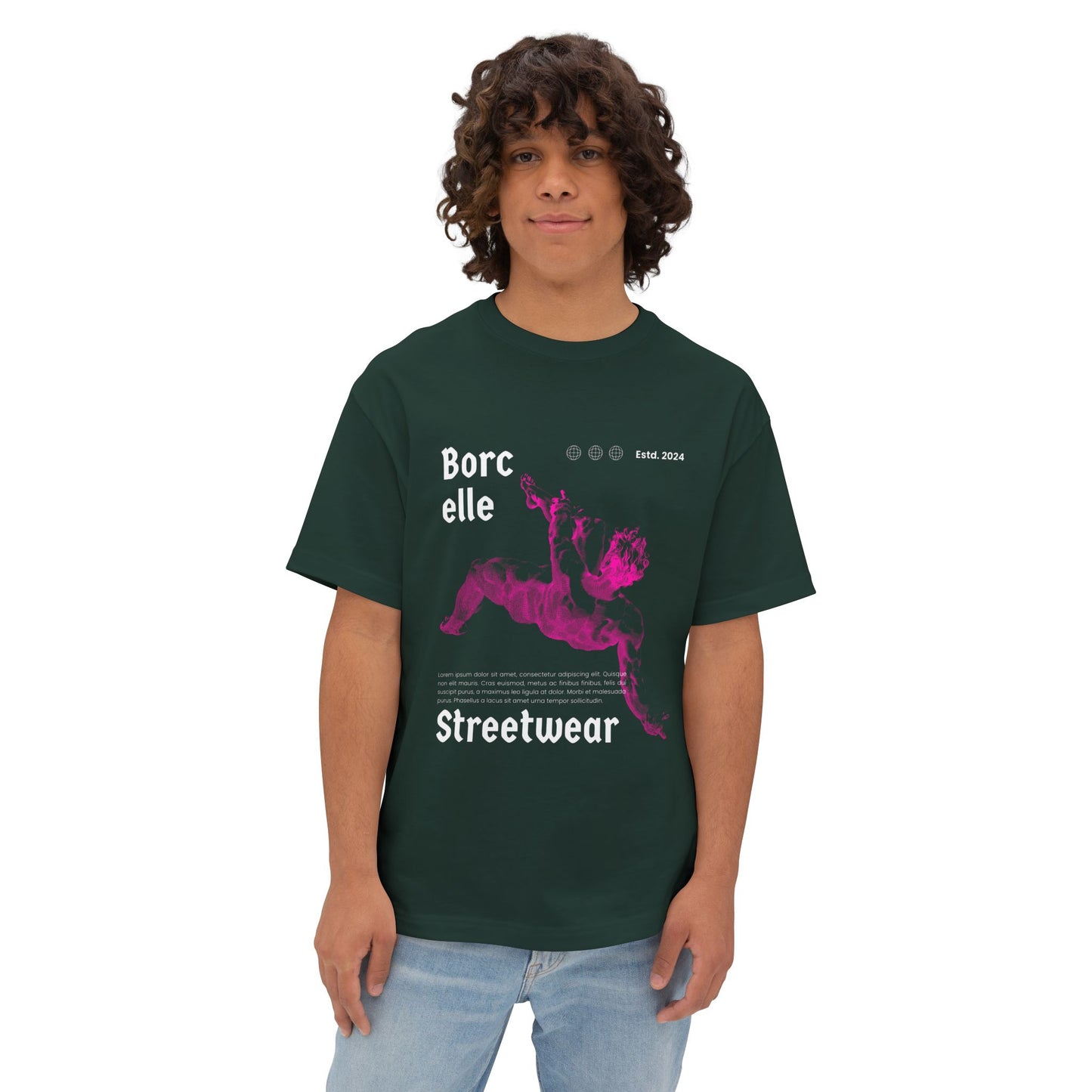 Streetwear Tee — "Borcelle" Pink Angel Graphic Oversized Boxy T-Shirt