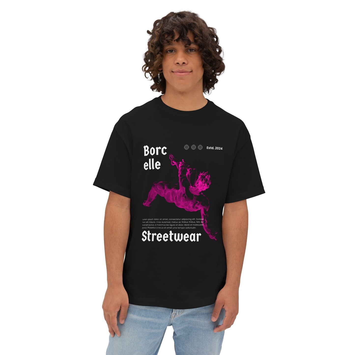 Streetwear Tee — "Borcelle" Pink Angel Graphic Oversized Boxy T-Shirt
