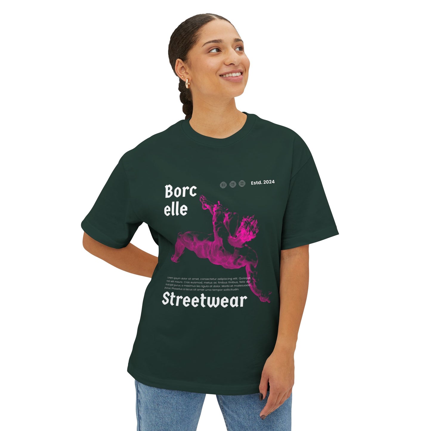Streetwear Tee — "Borcelle" Pink Angel Graphic Oversized Boxy T-Shirt