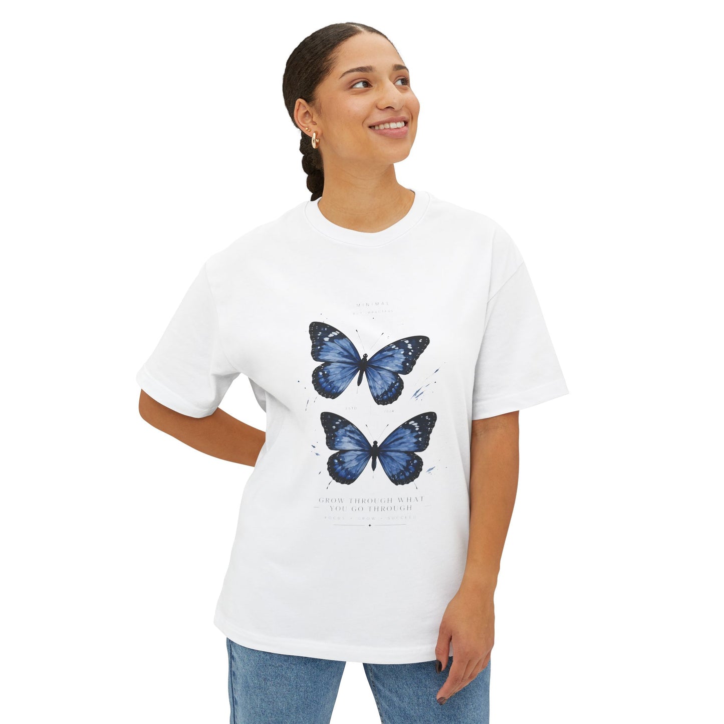 Blue Butterfly Oversized Tee – Casual Floral Graphic T-Shirt