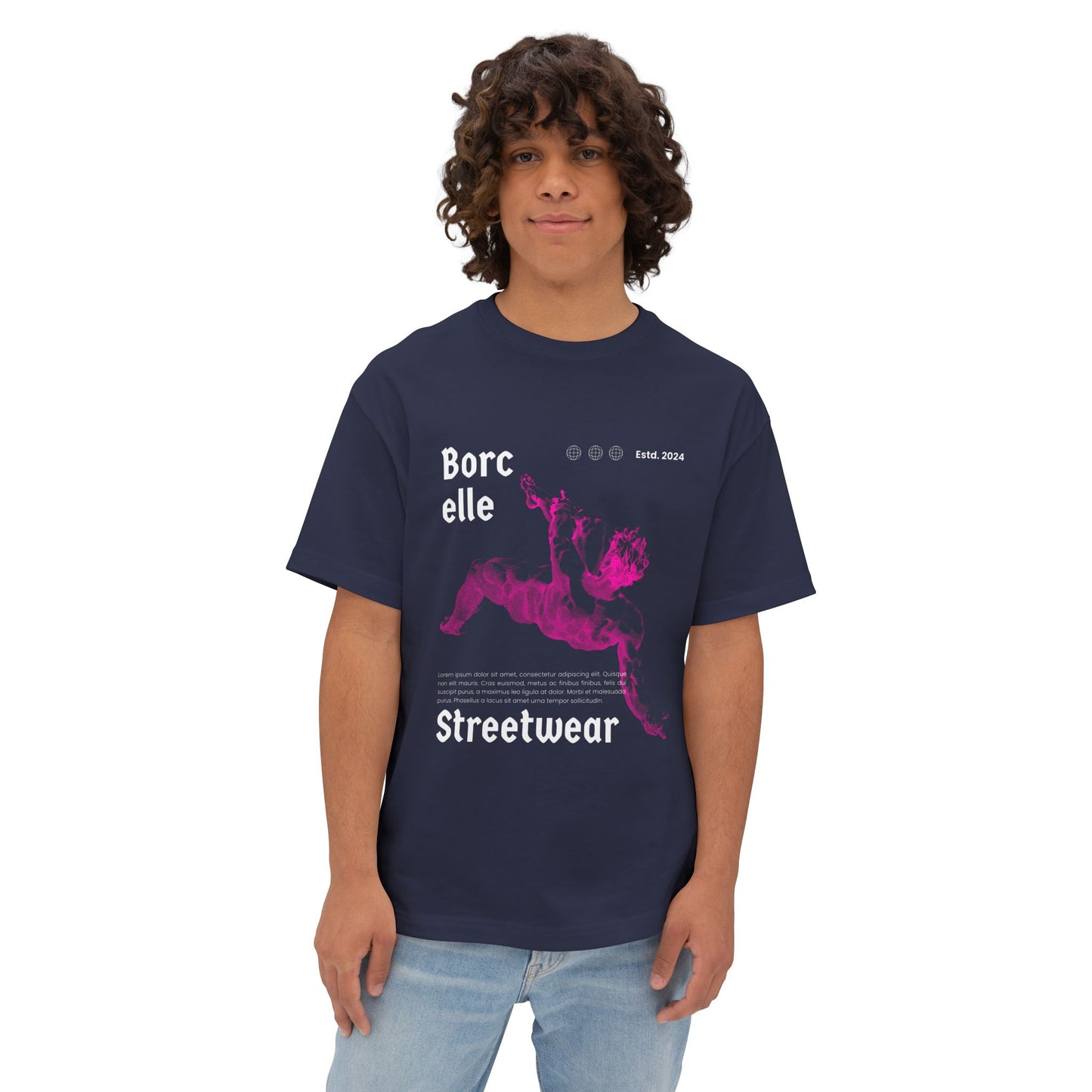 Streetwear Tee — "Borcelle" Pink Angel Graphic Oversized Boxy T-Shirt